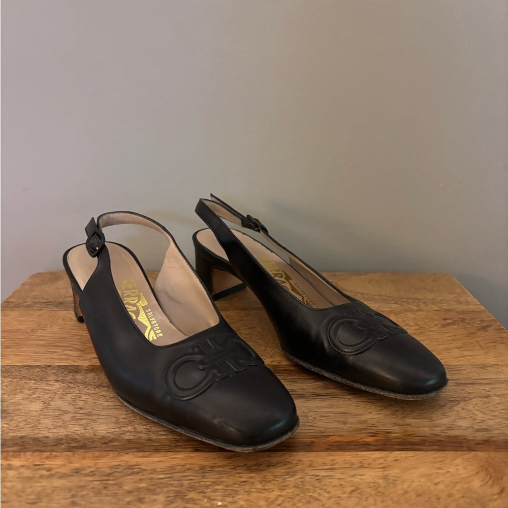 Salvatore Ferragamo Black Leather Slingback Mules with Gancini Motif